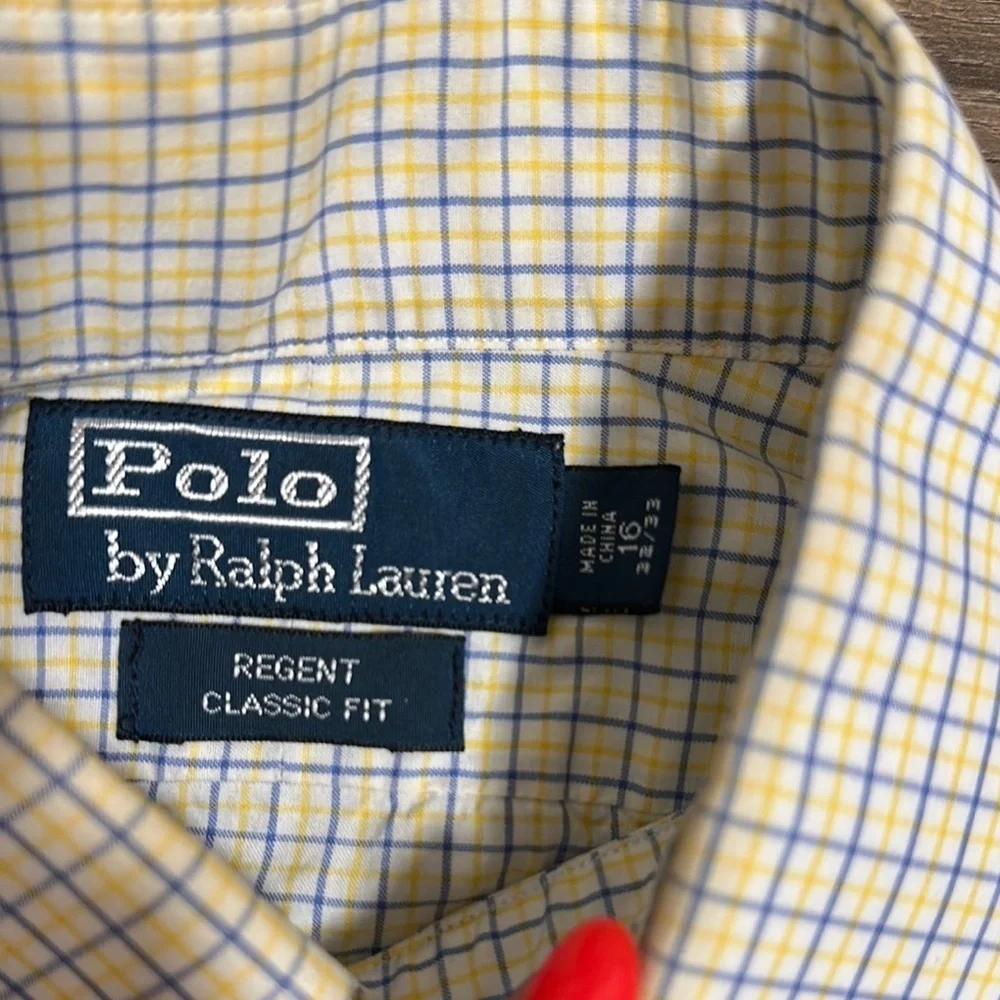 Polo Ralph Lauren Dress Shirt Mens 16 Regent Classic Fit Yellow Blue Plaid
